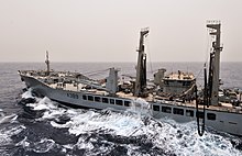 Wave Knight prepares to transfer fuel to the amphibious assault ship USS Bataan during a replenishment at sea. RFA Wave Knight (A-389).jpg