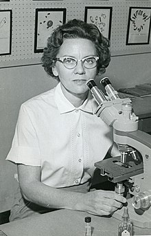Photo of M. Rosalind Morris sitting in front of a microscope.