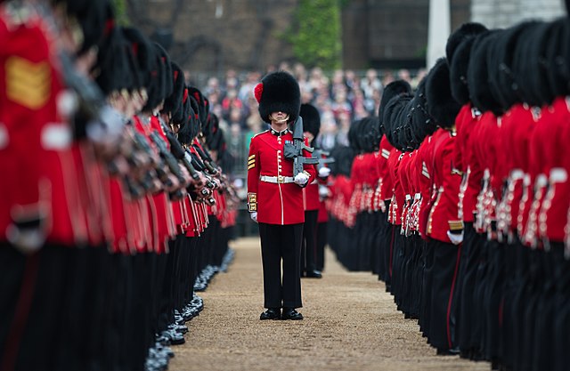 A sergeant of the Coldstream Guards addressing through the ranks during the rehearsal for the Trooping the Colour ceremony.