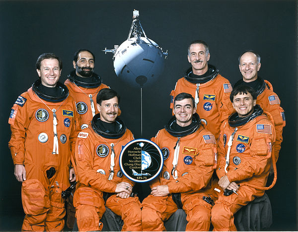 Left to right - Seated: Horowitz, Allen, Chang-Diaz; Standing: Cheli, Guidoni, Hoffman, NicollierSpace Shuttle program← STS-72 (74)STS-76 (76) →