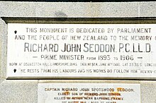 Plaque dedicated to Richard John Seddon, the Prime Minister of New Zealand born in Eccleston. Seddon Memorial plaque.jpg