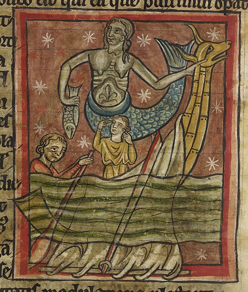 Miniature illustration of a siren enticing sailors who try to resist her, from an English Bestiary, c. 1235