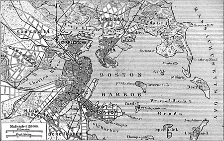 1888 German map of Boston Harbor showing Dorchester in the lower left hand corner. Situationsplan von Boston (Massachusetts).jpg