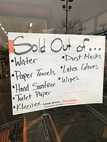 March 18, 2020 sign at a home improvement box store in Brickyard detailing what has sold out during the COVID-19 outbreak Sold out during COVID-19 outbreak at home improvement box store in Brickyard.jpg