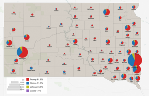 Results by county showing number of votes by size and candidates by color South Dakota 2016 presidential results.png