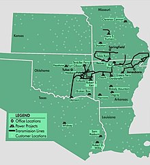 Map of the 24 dams and transmission lines of the Southwestern Power Administration. Southwestern Power Administration (SWPA) map of hydroelectric dams and transmission lines.jpg