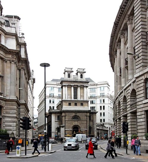 Lombard Street from Bank junction. The street continues to the left of St Mary Woolnoth church; to the right is King William Street.
