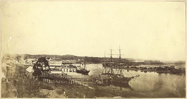 Ships moored at the docks at Gladstone, c. 1868