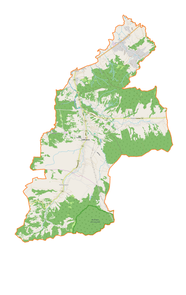 Mapa konturowa gminy Sułkowice, w centrum znajduje się punkt z opisem „Sułkowice”