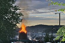 Traditional Norwegian St. Hansbal (bonfire) in Laksevag, Bergen. Tonnebal.jpg