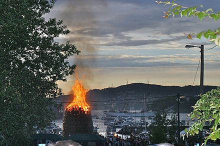 Traditional Norwegian St. Hansbål (midsummer) bonfire in Laksevåg, Bergen