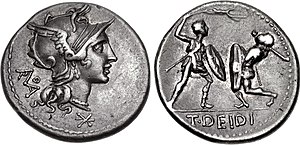 Denarius of Titus Didius,minted c. 113-112 BC. The obverse shows the head of Roma,while the reverse depicts two gladiators fighting. His name is spelled Deidius here. T. Didius,denarius,113-112 BC,RRC 294-1.jpg