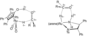 Transfer hydrogenation catalyzed by transition metal complexes proceeds by an "outer sphere mechanism." THintermed.png