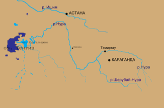 Course of the river Nura (Нура) to the Tengissee (Тенгиз)