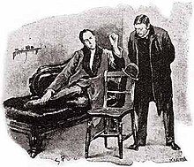 An illustration by Sidney Paget for Sir Arthur Conan Doyle's story The Adventure of the Blue Carbuncle which appeared in The Strand Magazine in January 1892. It shows Sherlock Holmes and Dr. Watson examining a felt hat. Holmes's pipe rack is on the wall next to him. The Adventure of the Blue Carbuncle 01.jpg