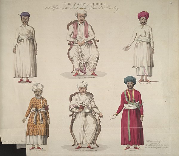 These drawings were taken from life in 1758. From left to right, top row: 1. Interpreter, Rhowangee Sewagee. 2. Judge of the Hindoo Law, Antoba Crustn