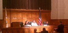 The Supreme Court heard oral arguments at Yale Law School in New Haven, Connecticut, on November 14, 2011. Pictured are former Chief Justice Herb Yazzie (center), Justice Eleanor Shirley (left), and Justice Wilson Yellowhair (right, sitting by special designation). The Supreme Court of the Navajo Nation sitting at Yale Law School.jpg