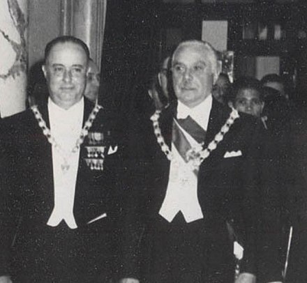Rafael Trujillo (right) and guest Anastasio Somoza (left) at the inauguration of Héctor Trujillo as president in 1952.