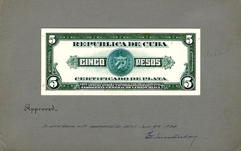 File:US-BEP-República de Cuba (progress proof) five silver pesos, 1930s (CUB-70-reverse).jpg