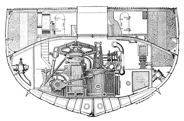 Illustration of one of Chicago's two original beam-propeller engines. Chicago was a twin-screw ship; a similar engine drove the screw on the other sid