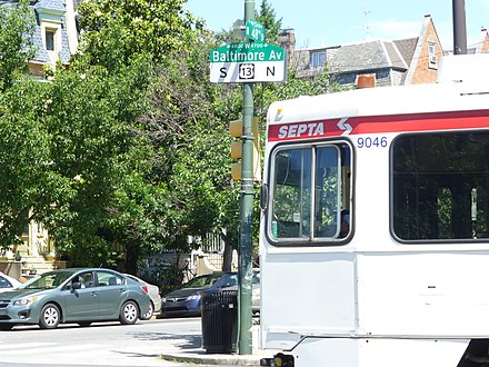 A SEPTA Subway-Surface trolley on Baltimore Ave. (US-13) at 48th St.