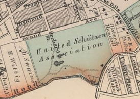 From an 1873 map of North Bergen, using the English translation of Schutzenverein, or marksman's club, showing original extent of grounds. The park today is located at triangle, lower right. Unitedschutzenassociation.png