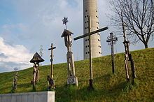 The memorial to the victims near the TV tower. The crosses have since been moved inside the TV tower. Vilnius crosses near tv tower.jpg