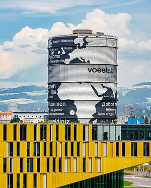 Silo with world map at Voestalpine office in Austria