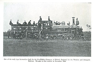 The locomotive Gabriel in Kentville, Nova Scotia; one of the W&AR's Fox, Walker and Company broad gauge locomotives W&ARGabriel.jpg