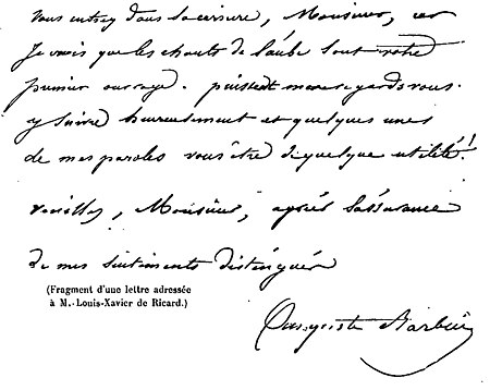 (Fragment d’une lettre adressée à M. Louis-Xavier de Ricard.)