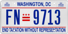 The city's license plate calls for an end to taxation without representation. Washington, D.C. license plate, 2017.png