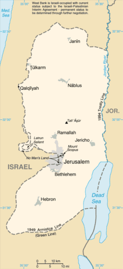 The West Bank (Arabic: الضفة الغربية‎ aḍ-Ḍiffah al-Ġarbiyyah, Hebrew: הַגָּדָה הַמַּעֲרָבִית, translit. HaGadah HaMa'aravit, Occupied Palestinian Territories.[1]