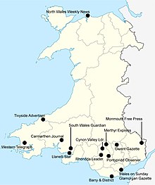 Locations of Welsh weekly newspapers, highlighted over a map of the country Welsh weekly newspapers.jpg