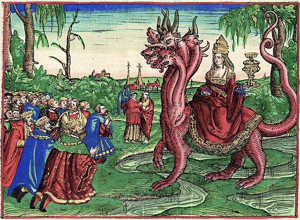 Colored version of the Whore of Babylon illustration from Martin Luther's 1534 translation of the Bible