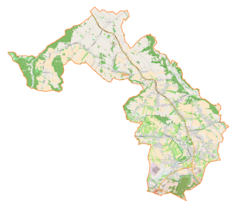 Mapa konturowa gminy Wielka Wieś, u góry znajduje się punkt z opisem „Parafia Miłosierdzia Bożego w Bęble”