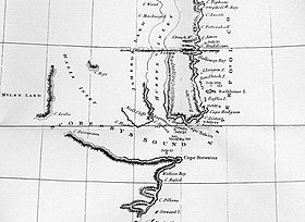 Carte de William Scoresby du début du XIXe siècle montrant l'entrée du détroit qui porte son nom avec le cap Tobin au nord.