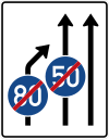 Zeichen 535-21 - Einengungstafel;  Darstellung ohne Gegenverkehr und mit integriertem Zeichen 279 StVO - noch zwei Fahrstreifen rechts in Fahrtrichtung, StVO 1992.svg