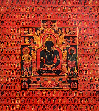 « Le Bouddha Akshobhya Dhyani », thangka tibetain, fin du XIIIe siècle, Honolulu Museum of Art. Le fond est constitué d'images multiples des Cinq Bouddhas dhyani (en).