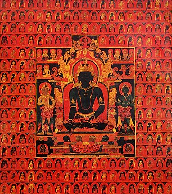 'The Dhyani Buddha Akshobhya', Tibetan thangka, late 13th century, Honolulu Museum of Art.  The background consists of multiple images of the Five Dhyani Buddhas.