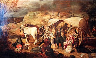 Travellers attacked by soldiers, Vrancx, 1647. Note devastated landscape in background; by the 1640s, shortage of supplies and forage for horses drastically limited military campaigns 1647 Vrancx Marauding soldiers anagoria.JPG
