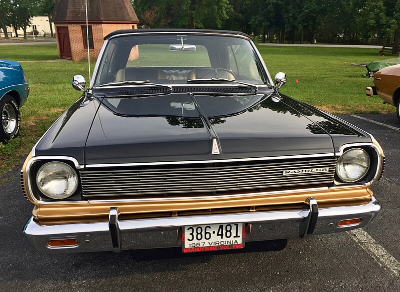 File:1967 Rambler American Rogue convertible in Sungold Amber and black with 290 V8 and automatic at 2017 AMO meet 2of8.jpg