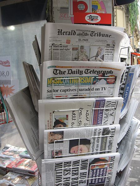 The International Herald Tribune on sale at a newsstand in Valencia, Spain in 2007