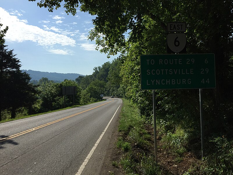 File:2016-05-27 08 57 49 View east along Virginia State Route 6 (River Road) at the intersection with Rockfish Valley Highway (Virginia State Route 151) in Greenfield, Nelson County, Virginia.jpg