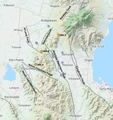 Map of the M>=5 earthquakes from the October 2019 sequence, highlighting the three largest. The location of the main active faults are also shown 2019 Cotabato EQs+faults.png