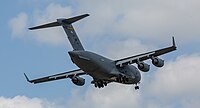 A US Air Force C-17 Globemaster III, tail 00-0171, on final approach to Kadena Air Base in Okinawa, Japan. It is assigned to the 176th Wing of the Alaska Air National Guard, and is originally from Joint Base Elmendorf–Richardson in Anchorage, Alaska.