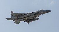 A US Air Force F-15C Eagle, tail number 83-0011, on final approach at Kadena Air Base in Okinawa, Japan. The aircraft is assigned to the 67th Fighter Squadron.