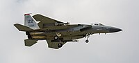 A US Air Force F-15C Eagle, tail number 83-0011, on final approach at Kadena Air Base in Okinawa, Japan. It is assigned to the 67th Fighter Squadron at Kadena AB.