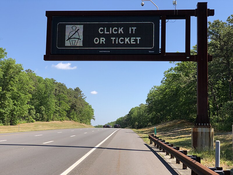 File:2021-05-27 10 57 20 Variable message sign reading "Click It Or Ticket" along northbound New Jersey State Route 444 (Garden State Parkway) just north of Exit 63 in Stafford Township, Ocean County, New Jersey.jpg