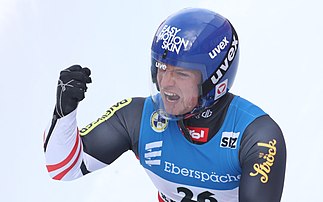 Le lugeur autrichien Wolfgang Kindl lors de sa victoire aux Championnats d'Europe, neuvième étape de la coupe du monde 2021-2022 à Saint-Moritz, le 22 janvier 2022. (définition réelle 2 903 × 1 814)