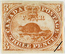 An 1851 Province of Canada postage stamp, the 3 pence beaver ("Threepenny Beaver") 3p Castor Fleming 1851.jpg